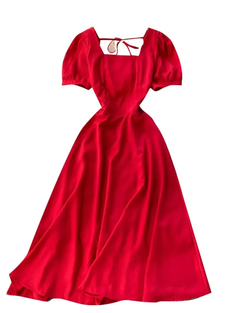 Летнее французское платье в стиле ретро женское миди с квадратным воротником и