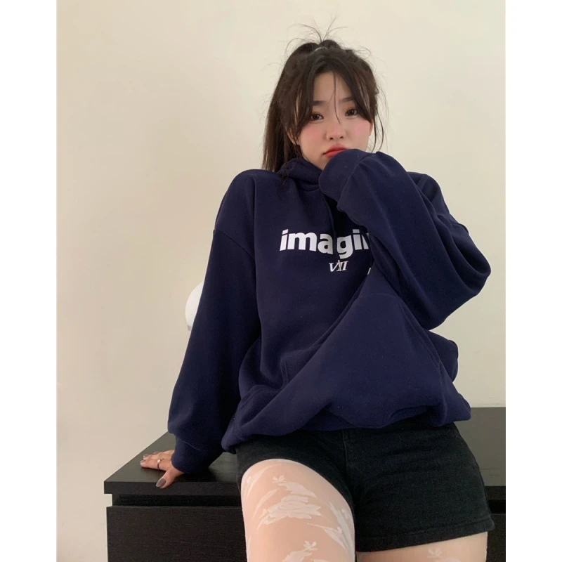 Женский свитшот с капюшоном темно-синий мешковатый пуловер длинным рукавом и