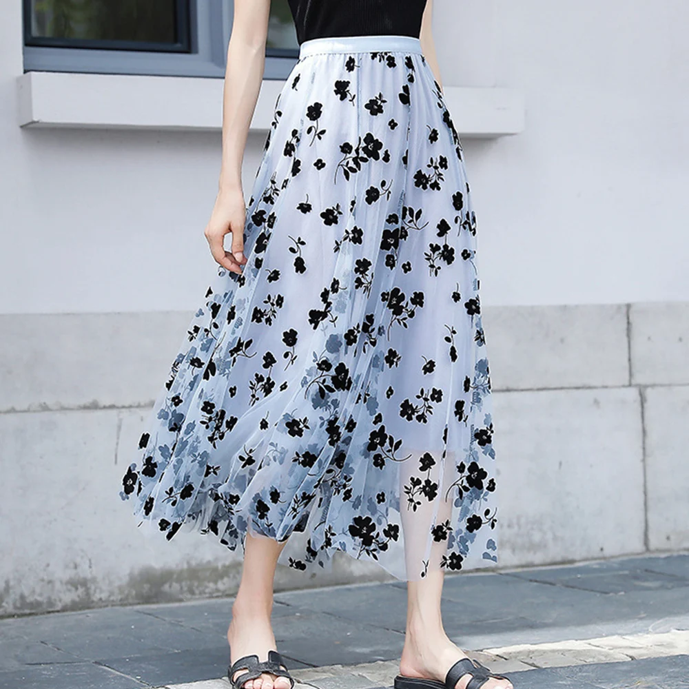 

Romantic Velvet Flower Mesh Skirt Women's Spring High Waist Thin And Big Swing Elegant Midi Skirt Sweet Ladies Clothing 2022