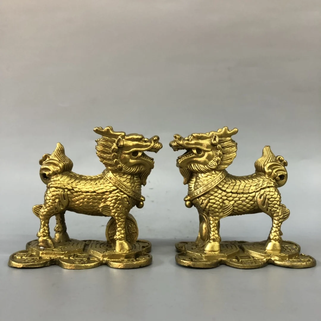 

4"China Lucky Seikos Brass Kirin Unicorn Statue a pair coin Ingots office ornament Town house Exorcism