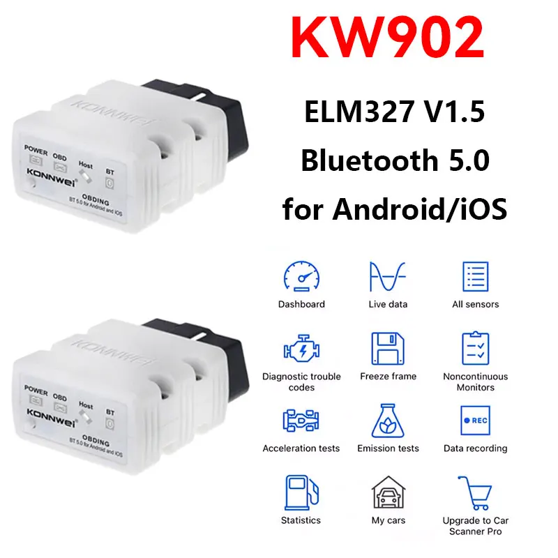 Фото Автосканер KONNWEI Bluetooth 5.0 KW902 ELM327 V1.5, диагностический инструмент OBD2 для автомобилей, считыватель кодов OBD 2 ELM 327 V 1.5 для Android и iOS №1
