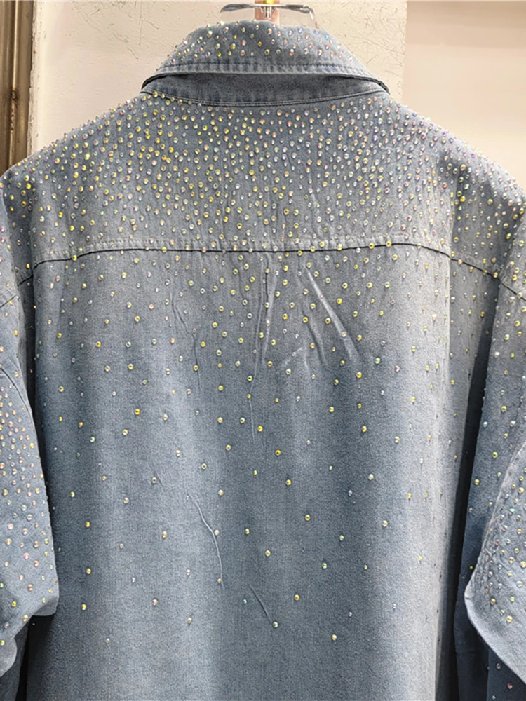 Женская джинсовая рубашка с бриллиантами DEAT свободная однобортная голубая