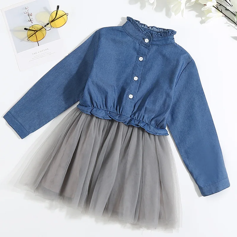 

Girls Dress 2023 New Spring Autumn Long Sleeve Solid Color Denim Casual Dress Lace Patchwork Button Toddler Kids Clothes Outfit