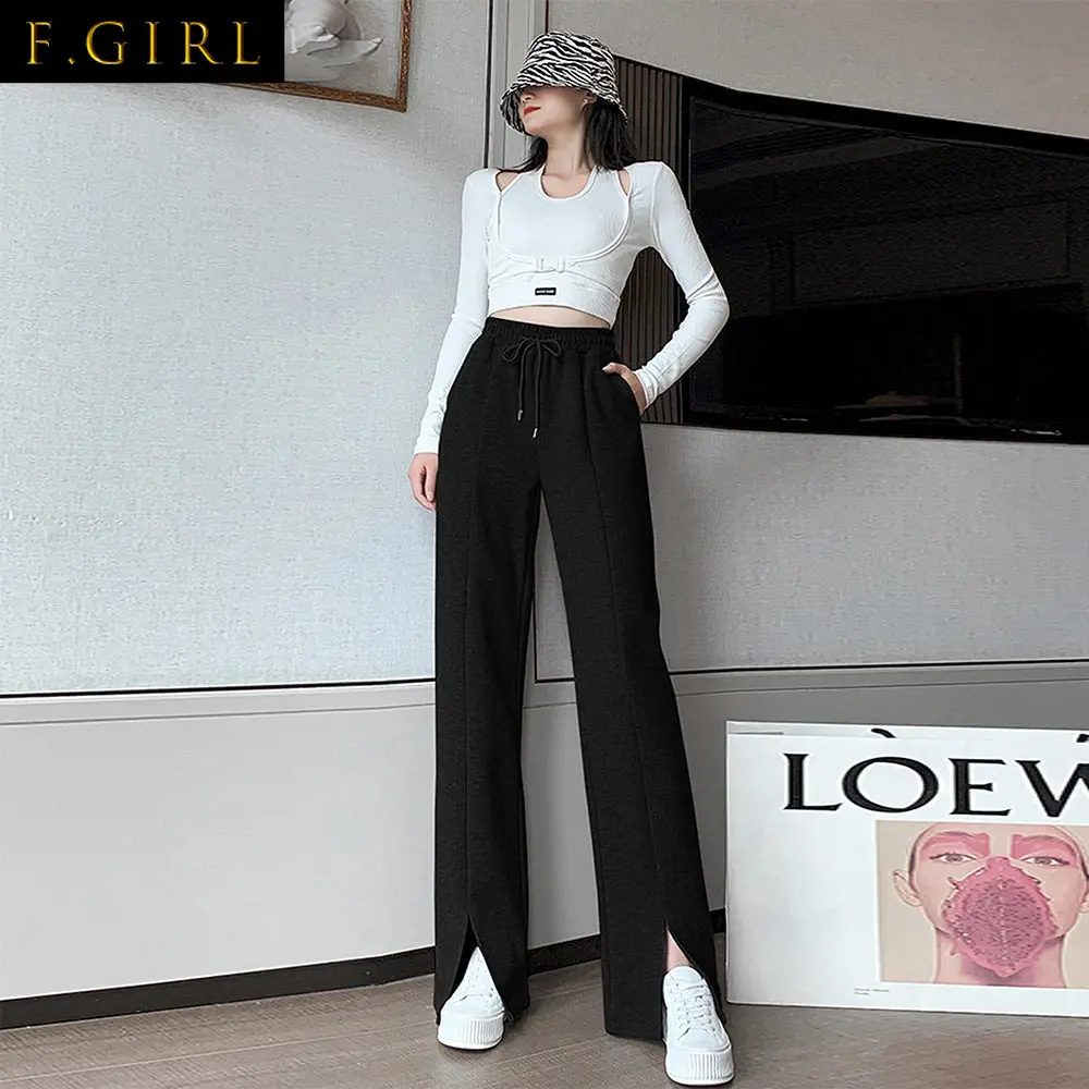 

Женские брюки для девочек, простые модные однотонные универсальные уличные брюки с высокой талией, свободные брюки в Корейском стиле с передним разрезом для колледжа на лето