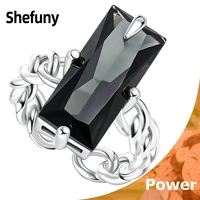 925 sterling silver rectangle chain shape adjustable finger ring black zircon geometric open size ring for women fine jewelry