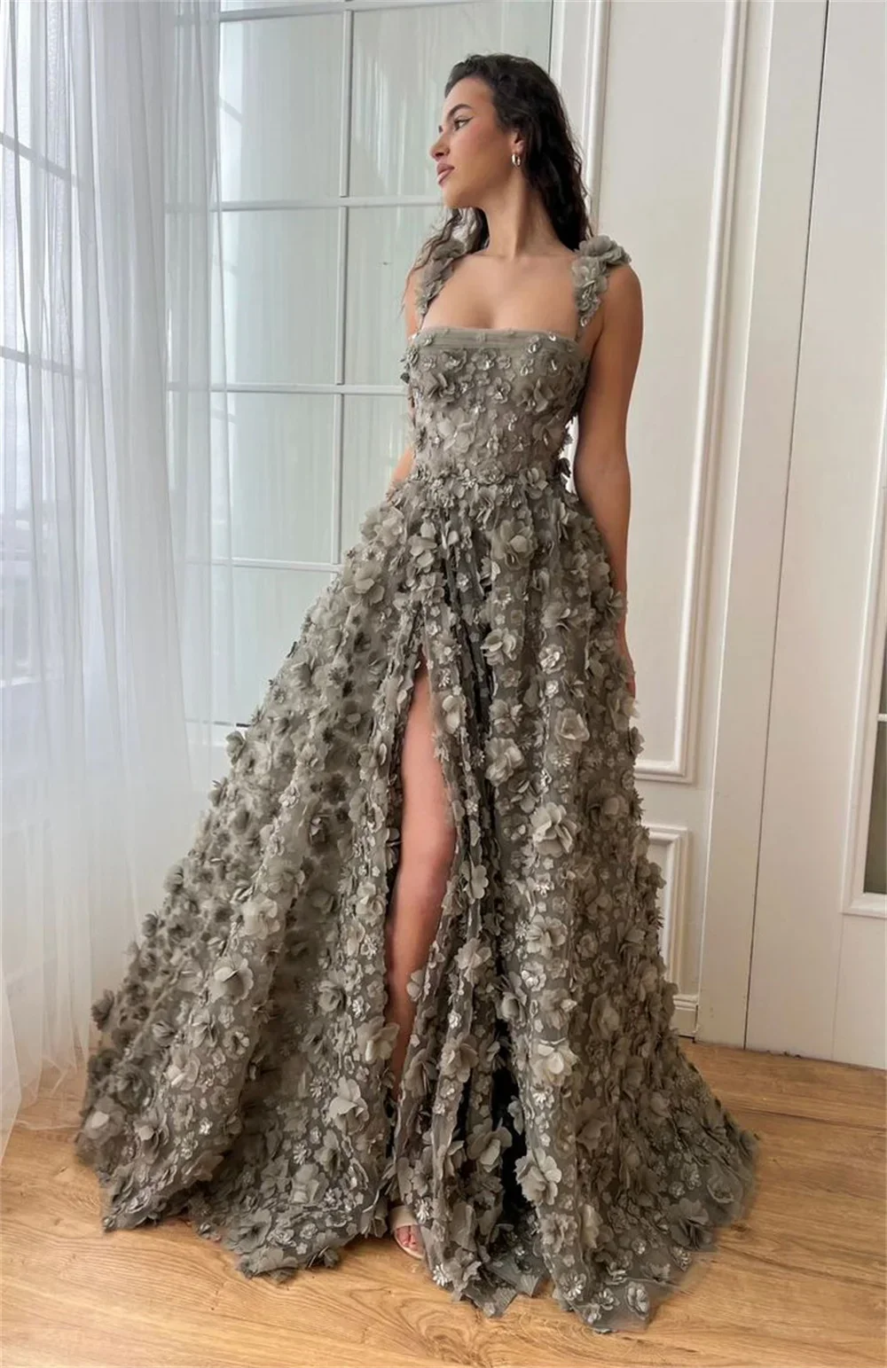 Фото Изысканная мода, классическое длинное платье из органзы с аппликацией и квадратным вырезом, бальное платье для выпускного вечера, современный стиль, соблазнительные блестящие официальные платья №2