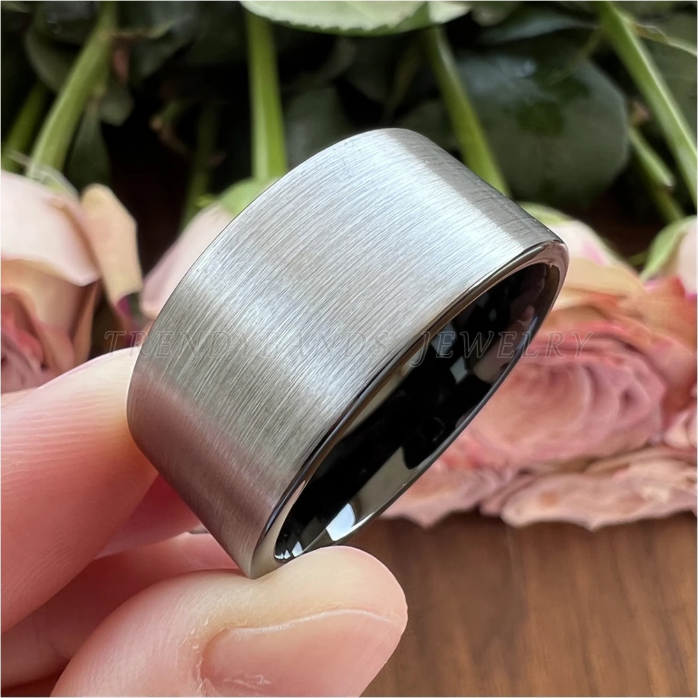 10mm 12mm Mens Womens Large Black Classic Tungsten Carbide Ring Wedding Band Pipe Cut Brushed Finish Comfort Fit