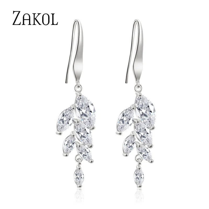 

ZAKOL Простые Свадебные висячие серьги с листом для женщин Bijoux антиаллергенные микро инкрустация кубический Крюк из циркония вечерние серьги