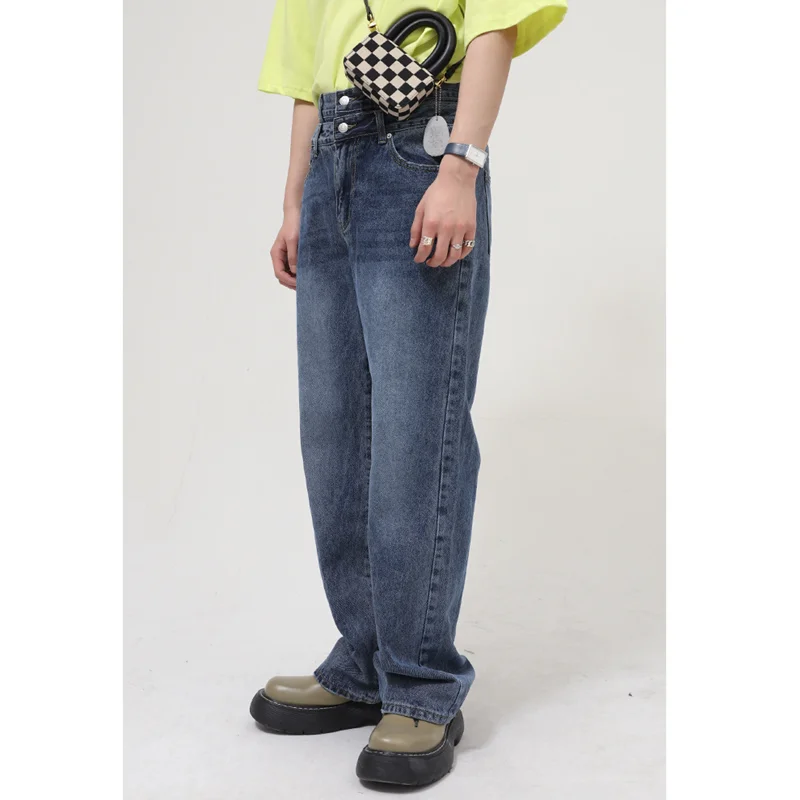 Men's Wear 2022 New Vintage Recreational Blue Double Trouser Head Jeans Loose Straight Cylinder Broad Leg Trousers Autumn Female