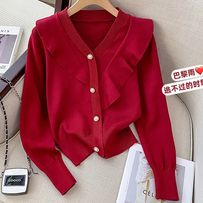 

Vintage Ruffle Red V-neck Cardigan Sweater Women's New Knitted Top For Spring And Autumn