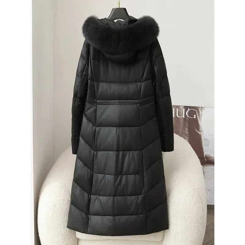 Новинка Зима 2024 женский длинный пуховик кожаная куртка с воротником из лисьего