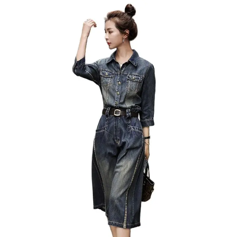 

omen Retro Denim Dress Korean Three Quarter Sleeve Single Breasted High Waist A-line Dress Spring Blue Jeans Dress Vestidos