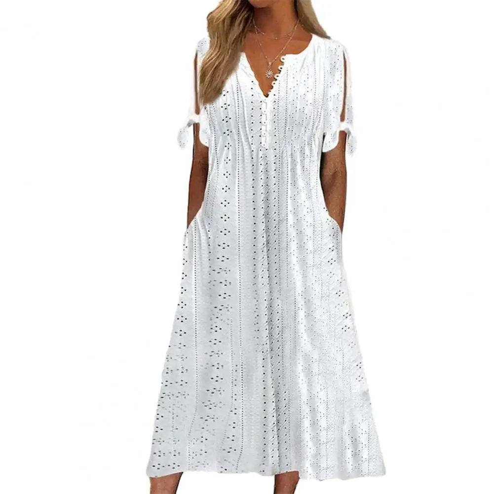 

Summer Women Dress V Neck Pullover Bow-knot Pleated Dress Female Clothes