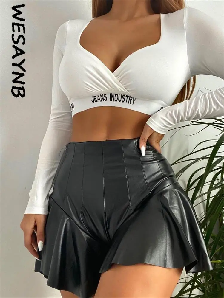 

WESAYNB y2k Clothes Casual Faux PU Leather Shorts Women 2022 Fashion High Waist Black Short Pants falbala Shorts Streetwear