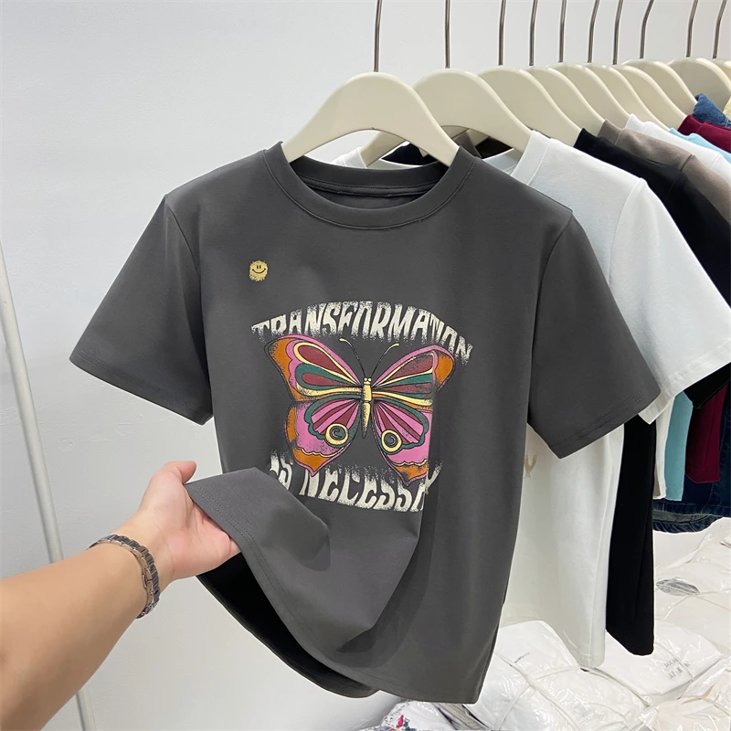 Футболка женская с коротким рукавом и круглым вырезом базовый топ принтом