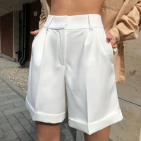 2022 new wide leg loose womens trousers material flanging with pockets zipper buttons solid color fashion casual shorts