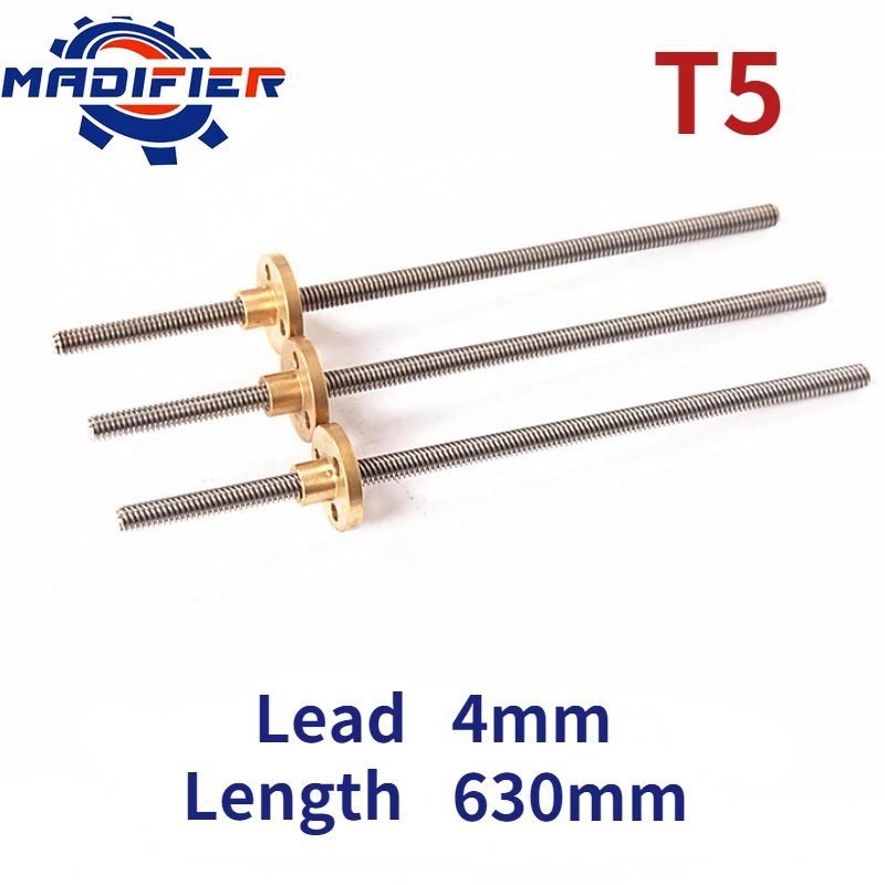 

3d printer screws T5 diameter 5mm length 630mm lead 4mm 304 stainless steel trapezoidal 1pcs With brass nut