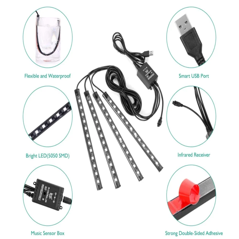 Купить Светодиодная ленсветильник RGB для салона автомобиля, декоративная лампа для создания атмосферы с дистанционным голосовым управлением, 4 х45 ...