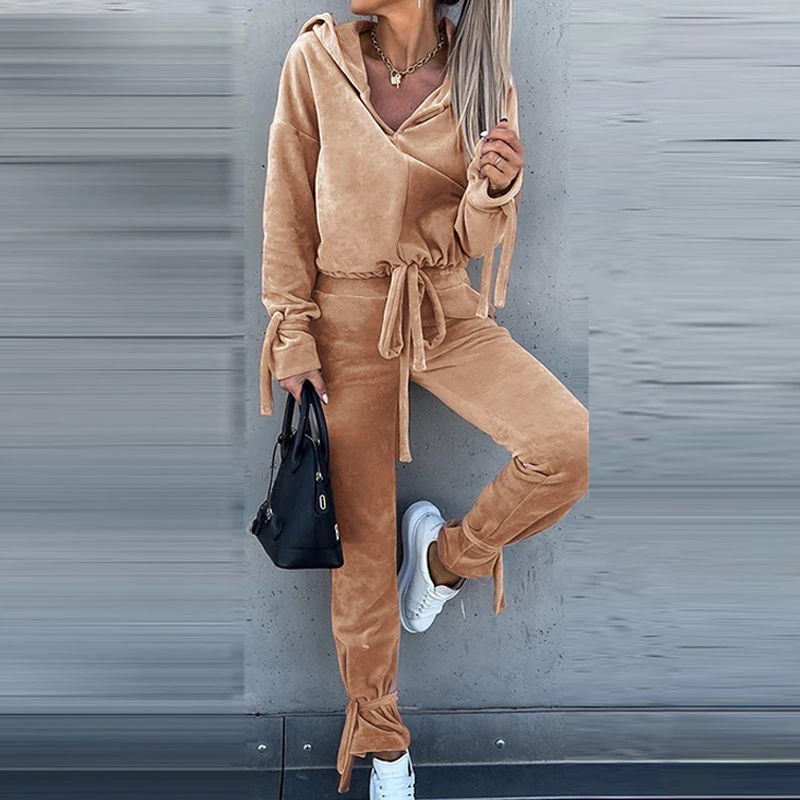 

Casual Solid Velvet Suit Women Hooded V Neck Sweatshirt Top + Tie-up Long Pants Tracksuit 2022 Long Sleeve Autumn Winter 2Pc Set
