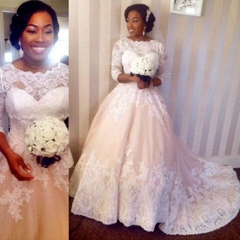 

Plus Size African Wedding Dress 3/4 Sleeve White Ivory Champagne Ball Gown Casamento Vestido De Novia Court Train