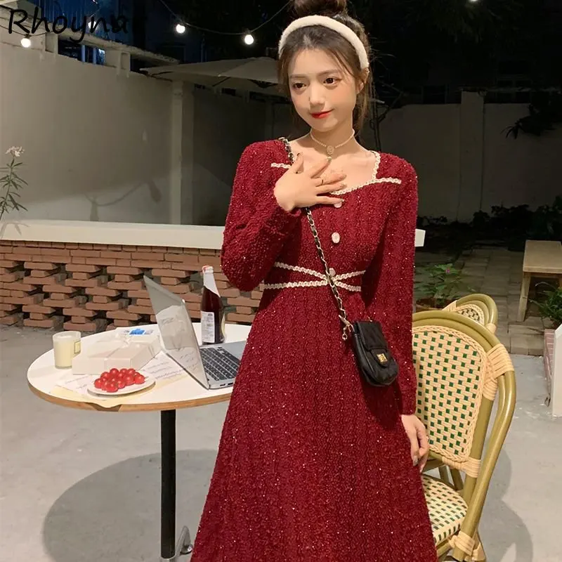 

Женское элегантное платье во французском стиле с длинным рукавом, красное Новое поступление, пэчворк, принцесса, соблазнительное эстетичес...