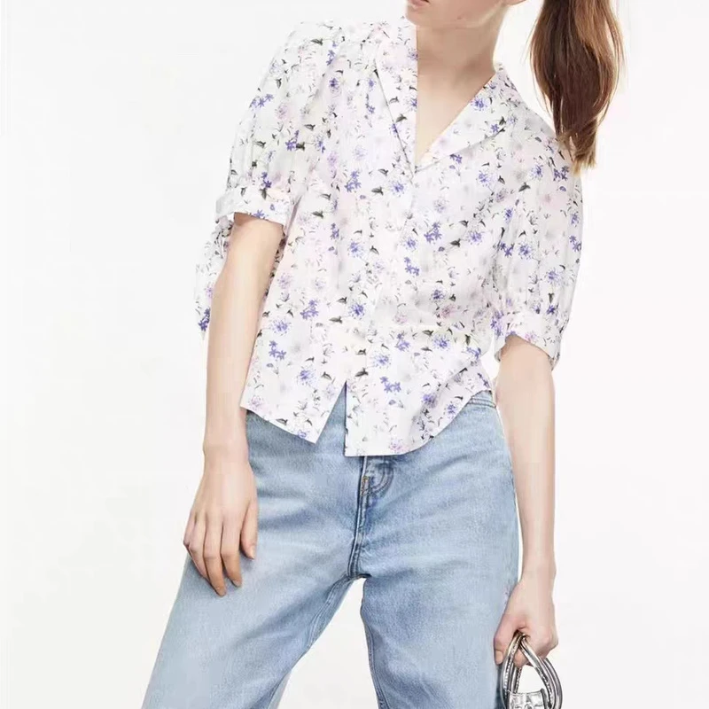 Sweet Pink Purple Daisy Floral Cuffs Knotted Short Sleeve Shirts Women Casual Button Lapel Shirts Women Summer Street Fashion