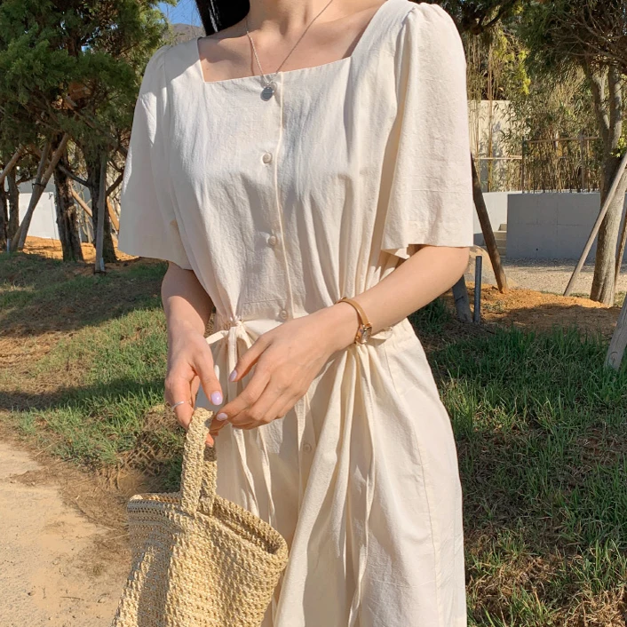 

Cotton Linen Chic Dresses Hot Sales Women Summer Flhjlwoc Japanese Korea Style Design Bow Tie Cute Button Shirt Dress 5715