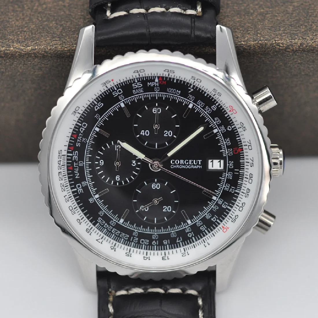 

46MM Corgeut Mens Watches Top Brand Luxury Luminous black Watch Men Leather Chronograph Quartz Watch For Male clock Auto Date