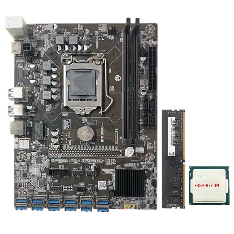 

B250C Mining Motherboard with G3930 CPU+1XDDR4 8G 2133Mhz RAM 12XPCIE to USB3.0 Card Slot Board for BTC