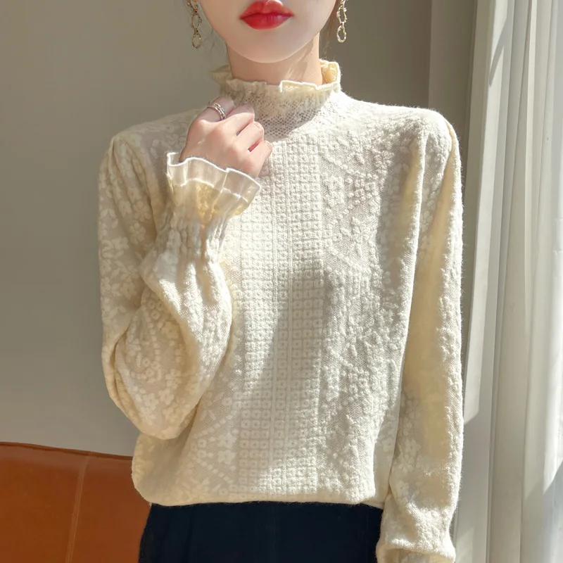 Осень/Зима 2024 новинка Женская кружевная трикотажная одежда с полувысоким