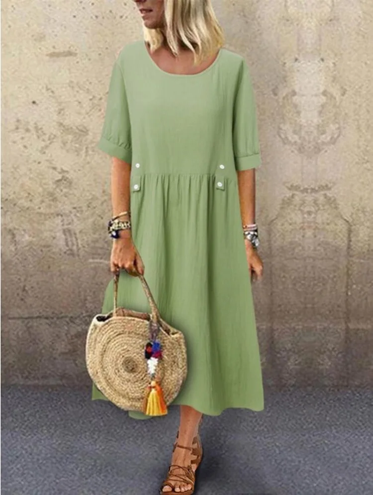 

Summer Cotton Linen Women's Long Dress Short Sleeve O-neck Elegant Dresses Female Trendy Fashion Casual Loose Clothes Ladies