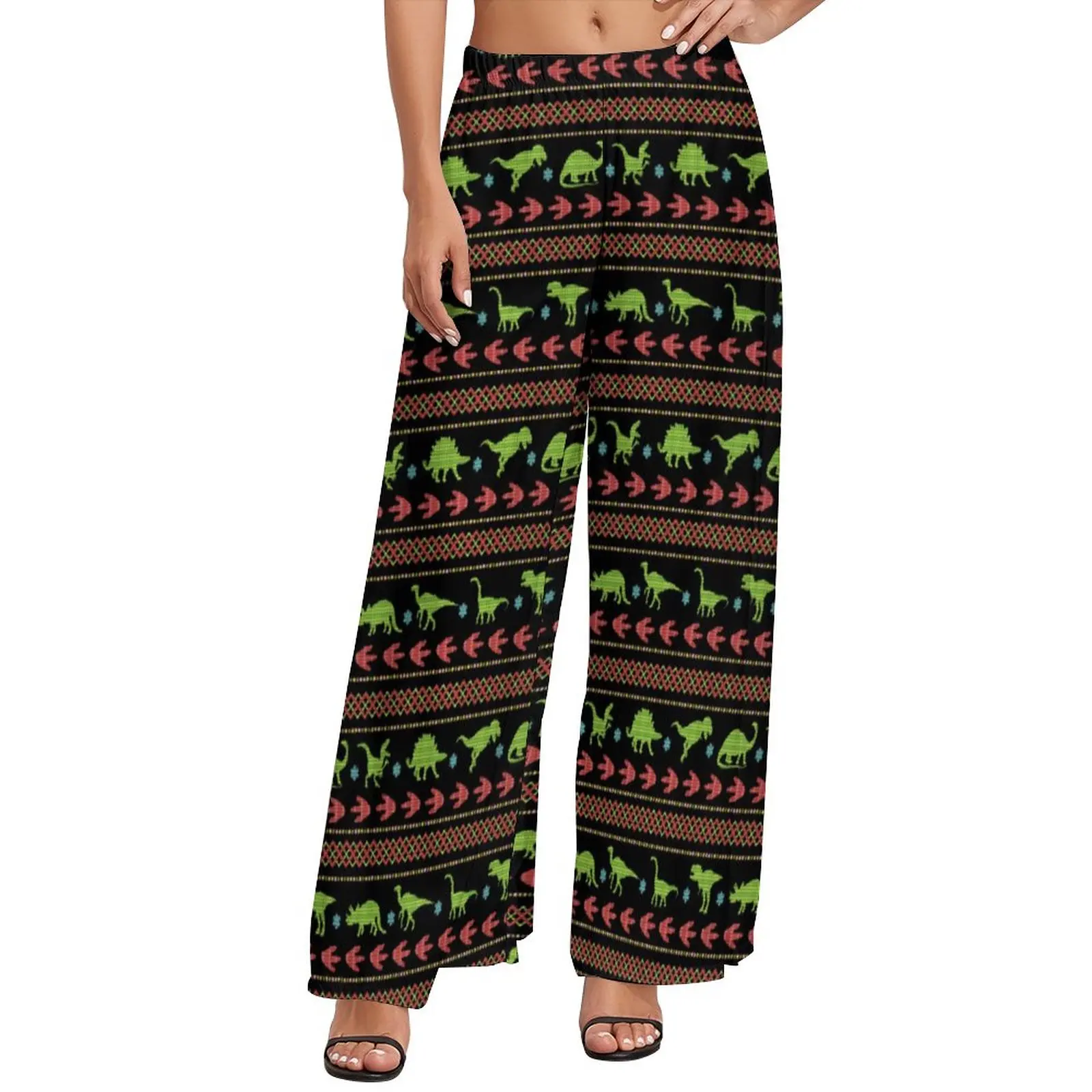 

Christmas Dinosaurs Pants High Waist Knit Embroidered Print Home Trousers Aesthetic Printed Wide Leg Pants
