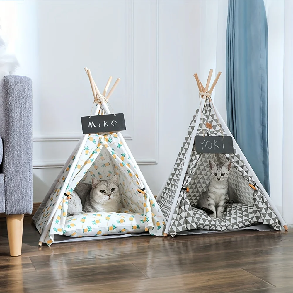 

Pet Tent Kennel Soft Breathable Detachable Canvas Dog Tent Pine Wood Bracket Nest Pet Pad Small Pet Supplies