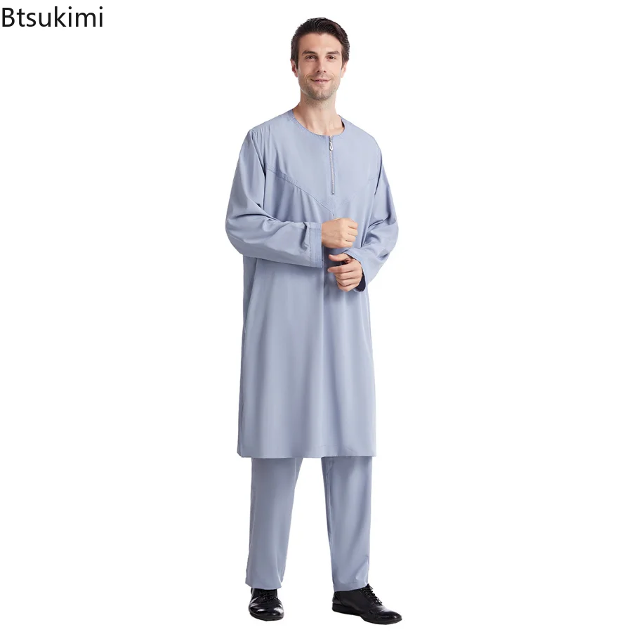 Ramadan 2piece Long Sleeve Plain Solid Muslim Men Clothing Arabic Islamic Abaya Robe Fashion Saudi Arabia Dubai Mens Jubba Thobe