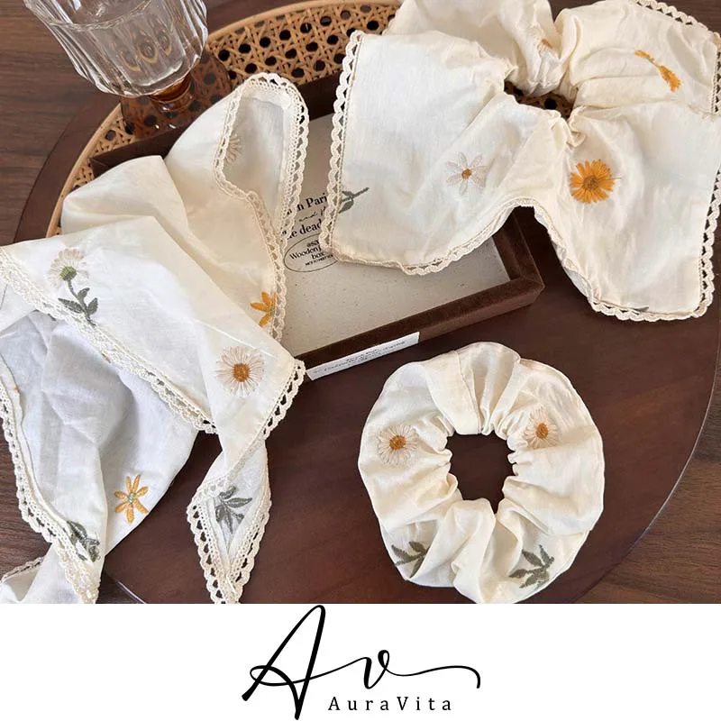 Корейский Новый трендовый тканевый шарф для волос с вышивкой в виде цветов