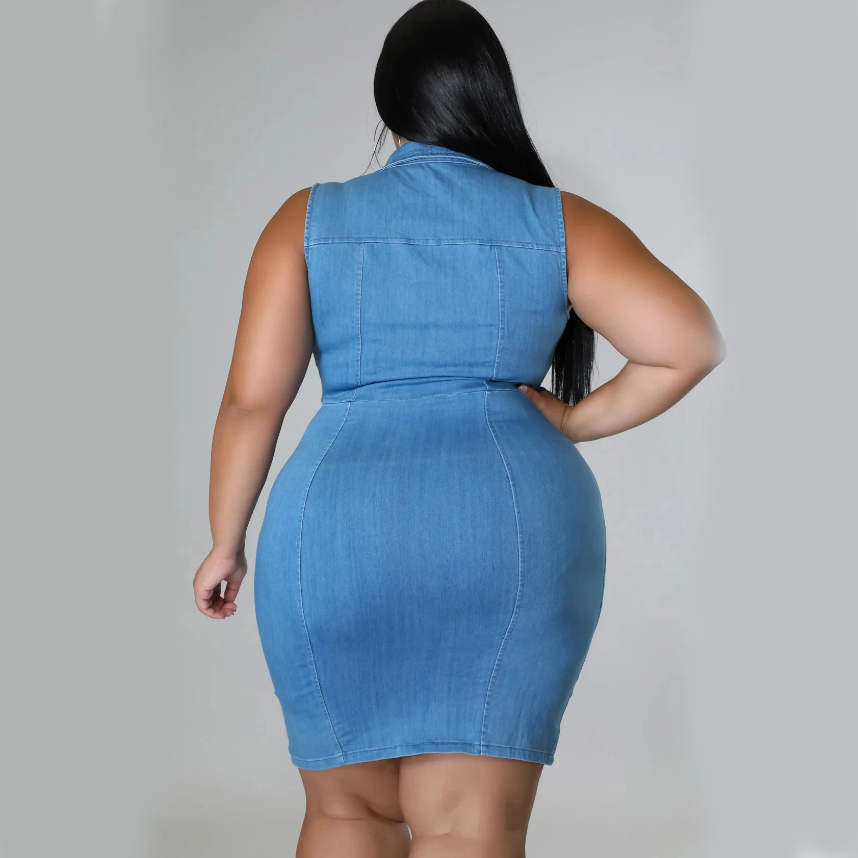 Plus Size 4xl 5xl Oversized Jeans Dress Turn Down Collar Sleeveless Zipper Closure Knee Length Bodycon High Wa 3xl 4xl 5xl 6xl
