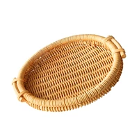 rattan handwoven round tray with handle fruit basket food storage high wall severing platters for breakfast drink snack coffee