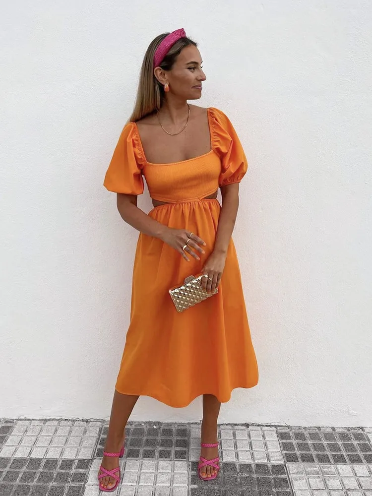 

Стильное Оранжевое Женское Платье-миди с ажурным поясом, летнее Плиссированное Повседневное платье с пышными рукавами, 2022