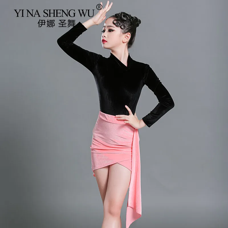 

New Girls Latin Dance Skirt Velvet Long-sleeved Split Hip Set Performance Training Suit Ballroom Tango Cha-cha Sumba Dance Skirt