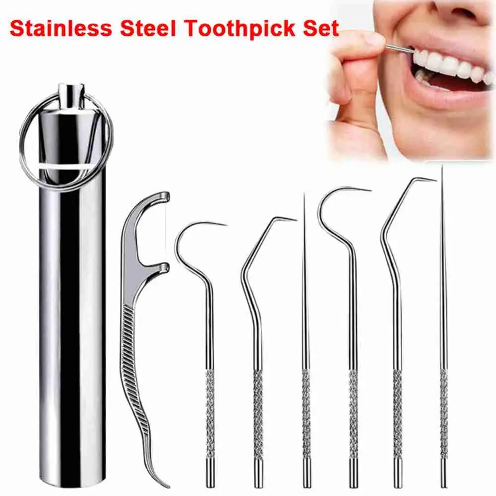 

304 Stainless Steel Toothpick Tooth Picker Metal Portable Interdental Hook Needle Household Toothpick Oral Cleaning Tool Set