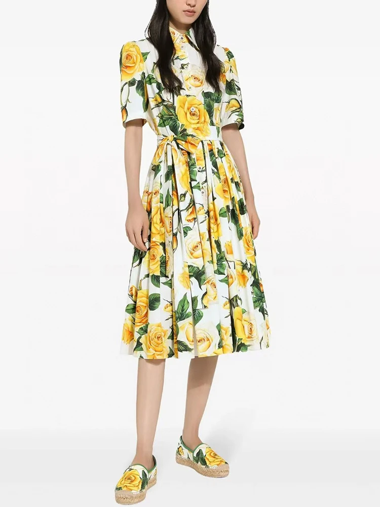 Винтажное однобортное платье с отложным воротником и принтом на завязках