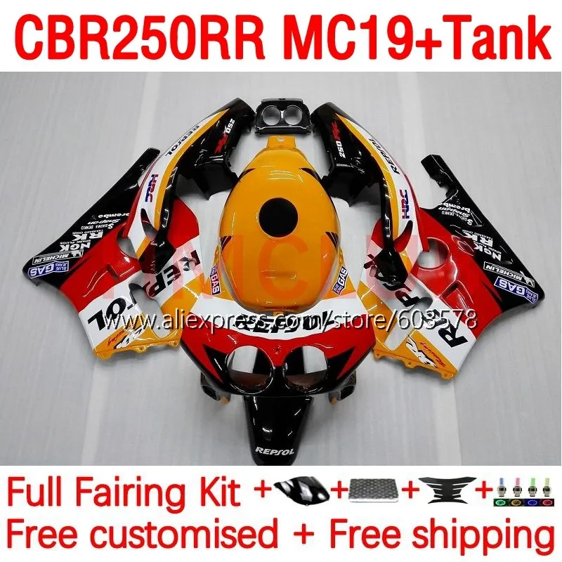 

Корпус + бак для HONDA CBR250RR CBR 250RR 250CC CBR 250 RR MC19 CBR250 RR 88 89 1988 1989 инъекция Repsol оранжевый обтекатель 191No.43