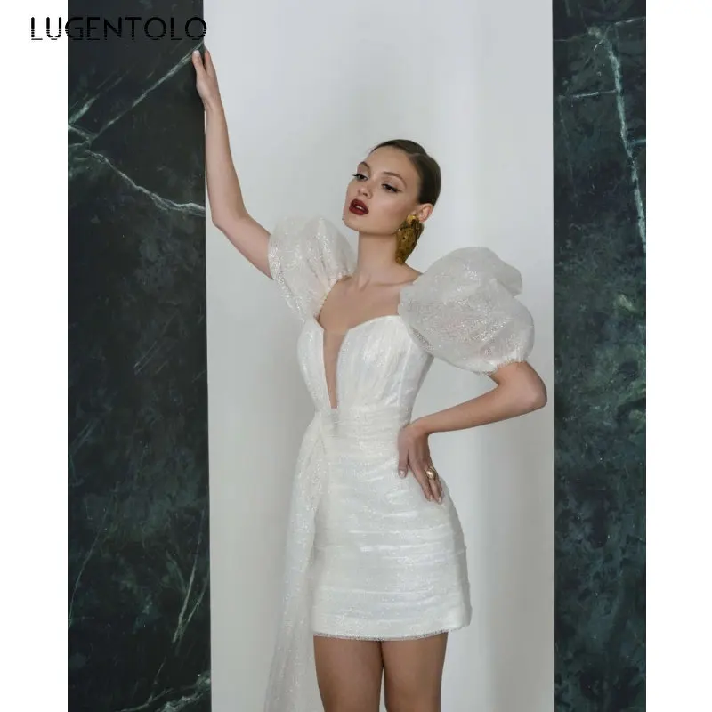 

Элегантное платье, женские белые сексуальные платья с блестками и коротким рукавом-фонариком, женское облегающее мини-платье принцессы