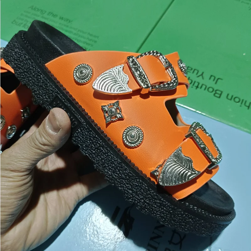 Women's Luxury Brand Slippers 2023 Summer Fashion Metal Buckle Boutique Decoration Wedge Heel Platform Shoes Outer Wear Sandals