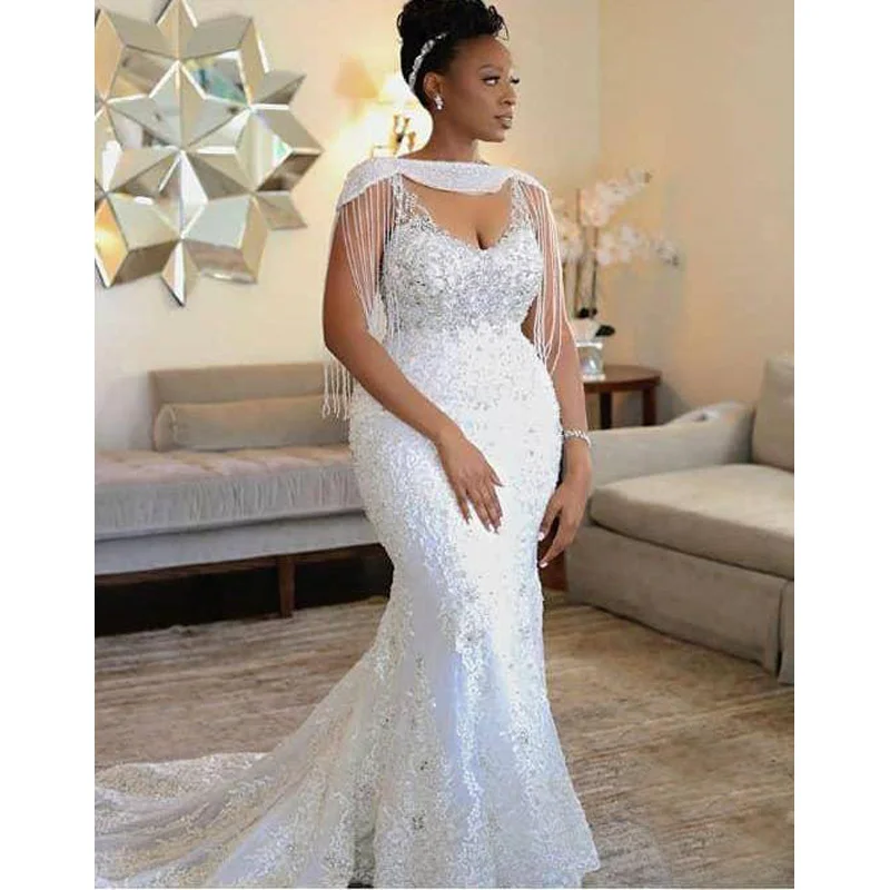 

MANRAY New Mermaid Wedding Dresses 2023 Wrap Beading Elegant V-Neck Bride Gown Vestido De Novia African Bridal Dresses Plus Size