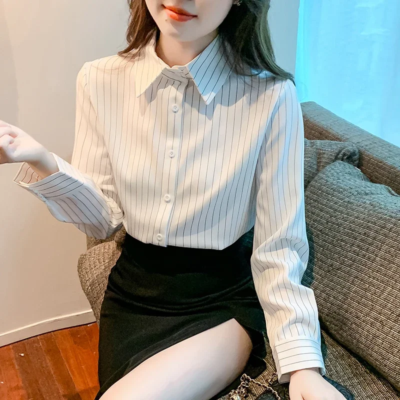Новая женская рубашка с длинным рукавом в полоску отложным воротником шифоновая