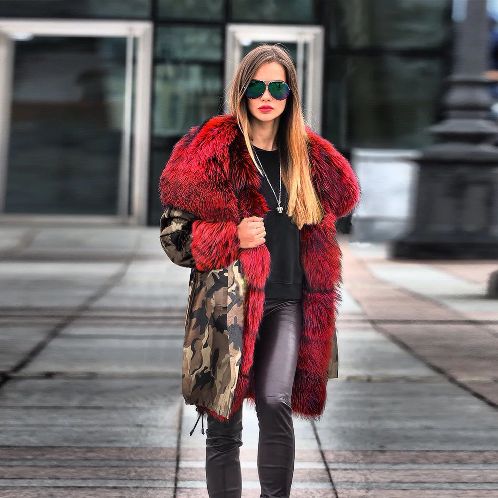 High Quality Winter Jacket Ladies Faux Fur Collar Hooded Long Padded Jacket Coat Warm and Thick Coat Women Fashion Print Parker