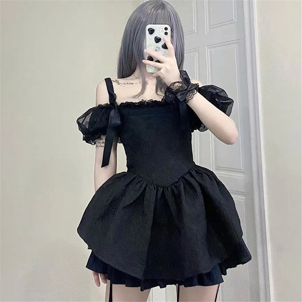 

Rosetic Gothic Lolita Princess Dress Women Summer 2022 Fashion Punk Floral Designer Lace Up Ruffle Strap Short Dresses Backless