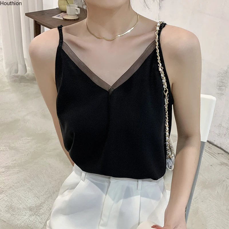 

Women's Vest Sleeveless Tops Fashion Casual Pure Color V-neck Stitching Net Yarn Sexy Summer