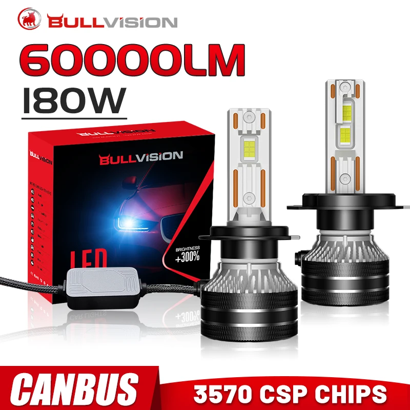 Светодиодная Автомобильная фара Bullvision H11 H7 Canbus H4 60000LM 9005 9006 HB4 HB3 9012 HIR2 H8 H9 3570 CSP 180W